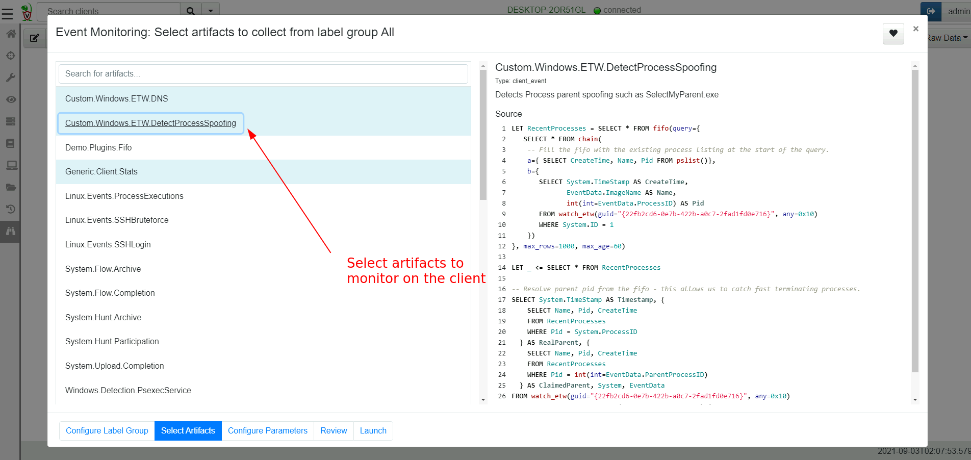 Selecting the artifact to monitor