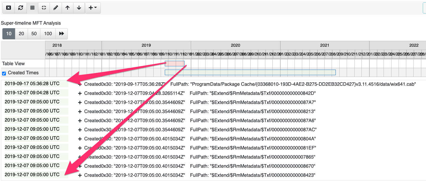 Table View time range is visualized on the timeline