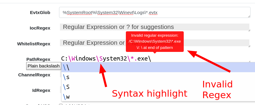 Entering regex in the GUI