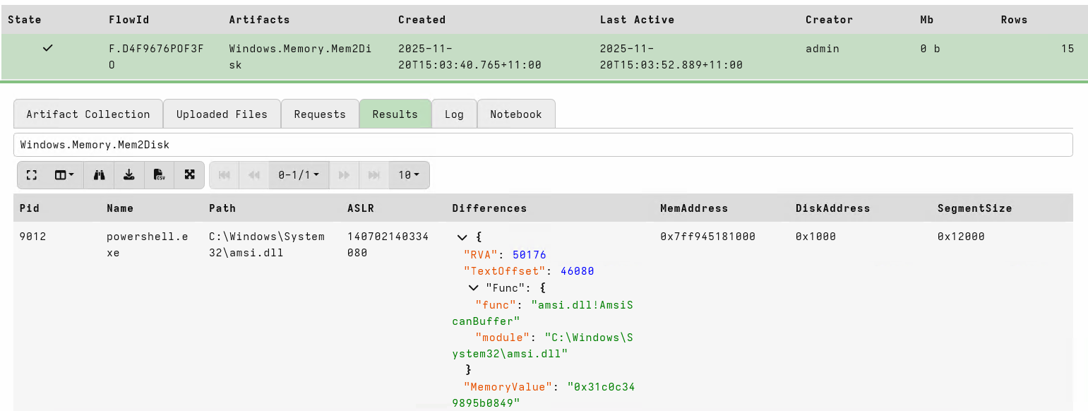 Output from the Windows.Memory.Mem2Disk artifact