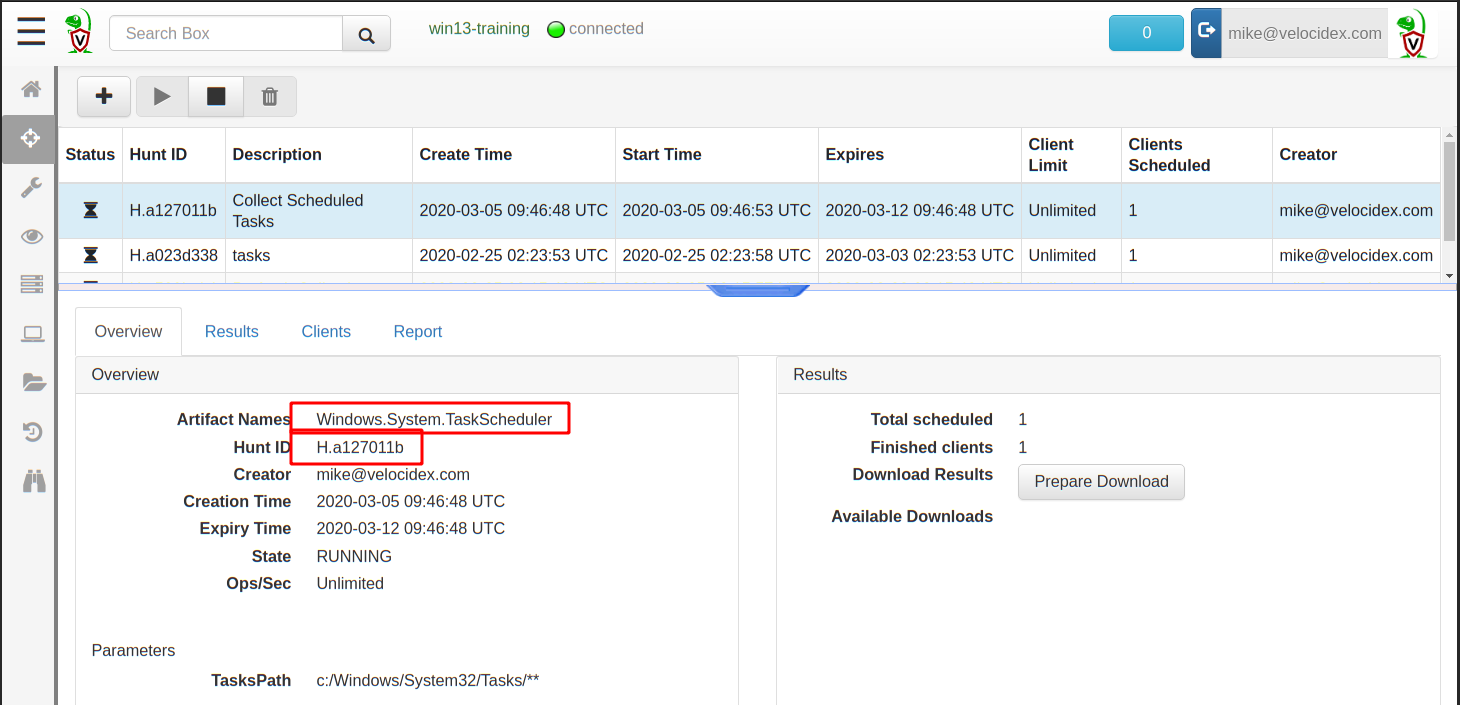 We can see the hunt id assigned to this hunt. We will need this ID when querying through the API