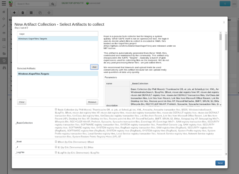 Selecting the Windows.KapeFiles.Targets artifact for collection on an endpoint.