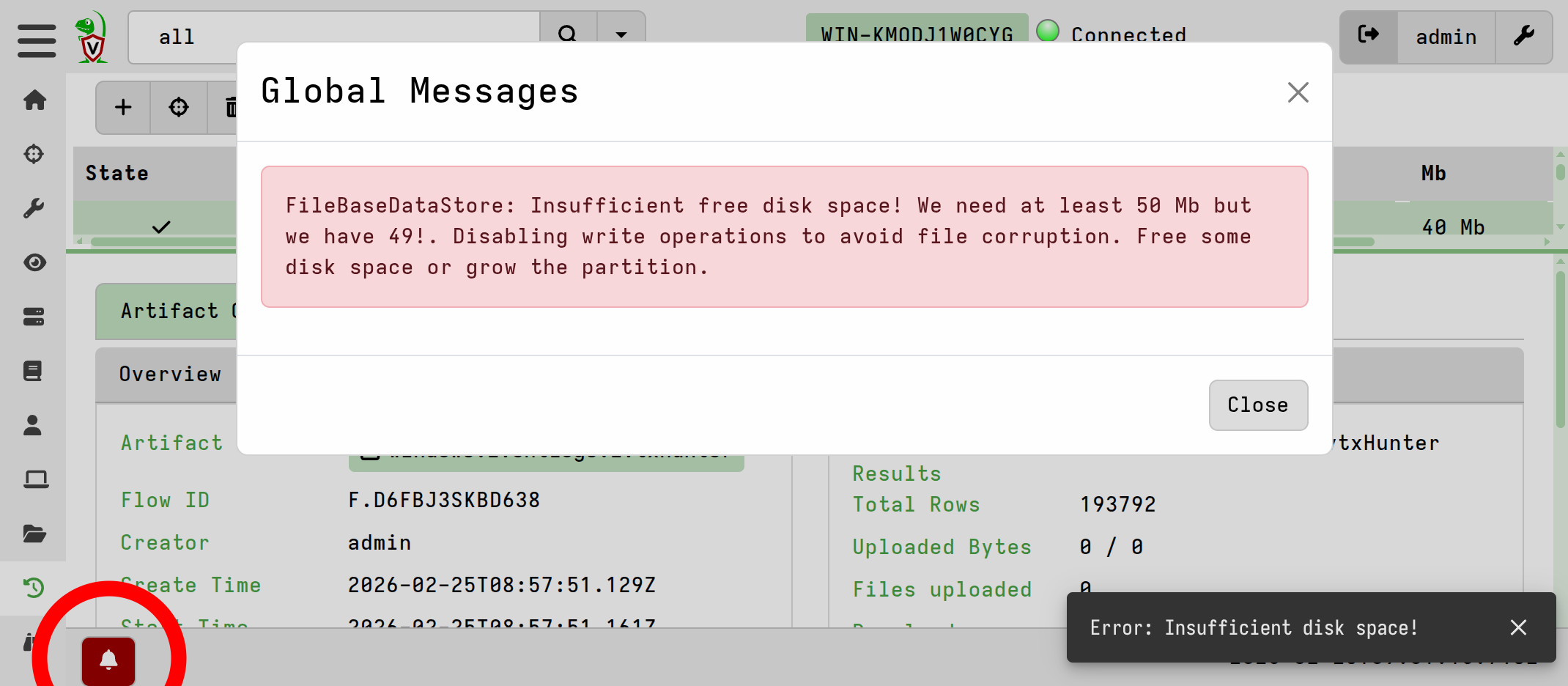 Free disk space alert