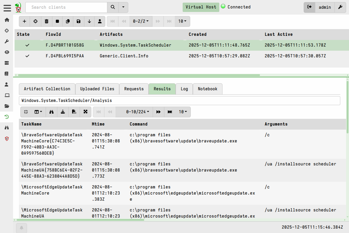 Collecting artifacts from the virtual client