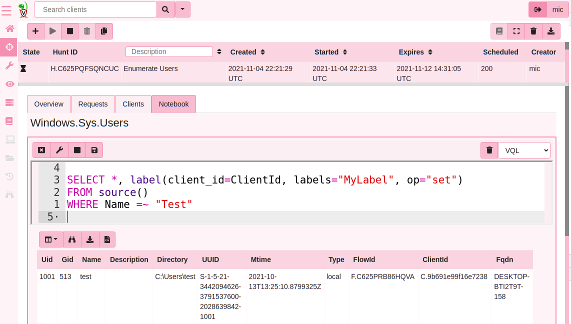 Labeling machines based on a hunt query