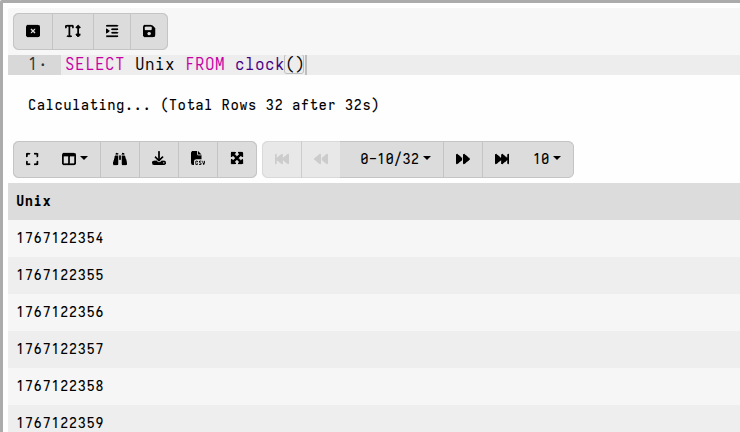The Clock plugin generates a row every second by default